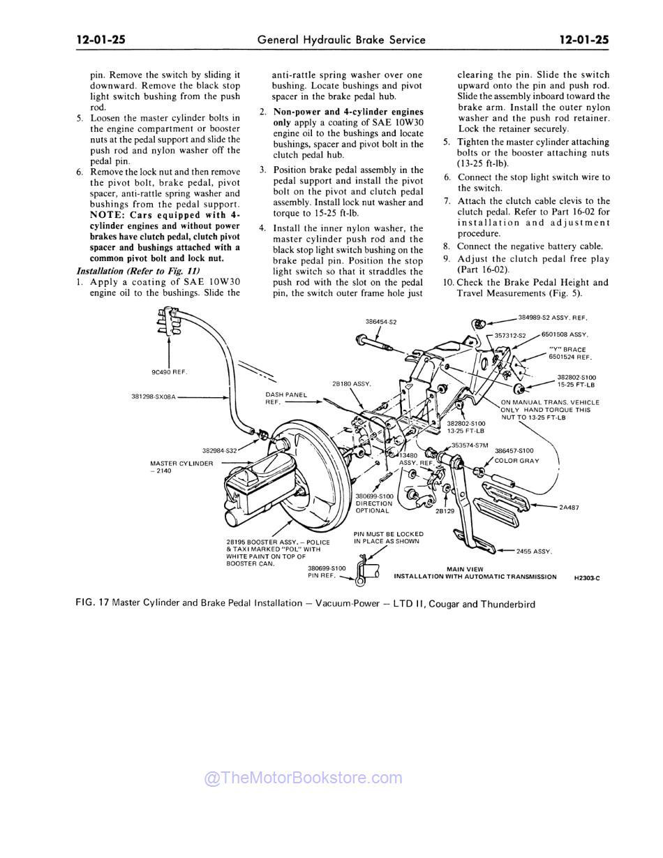 1977 Ford / Lincoln / Mercury Shop Manual Sample Page - Brake Pedal Install