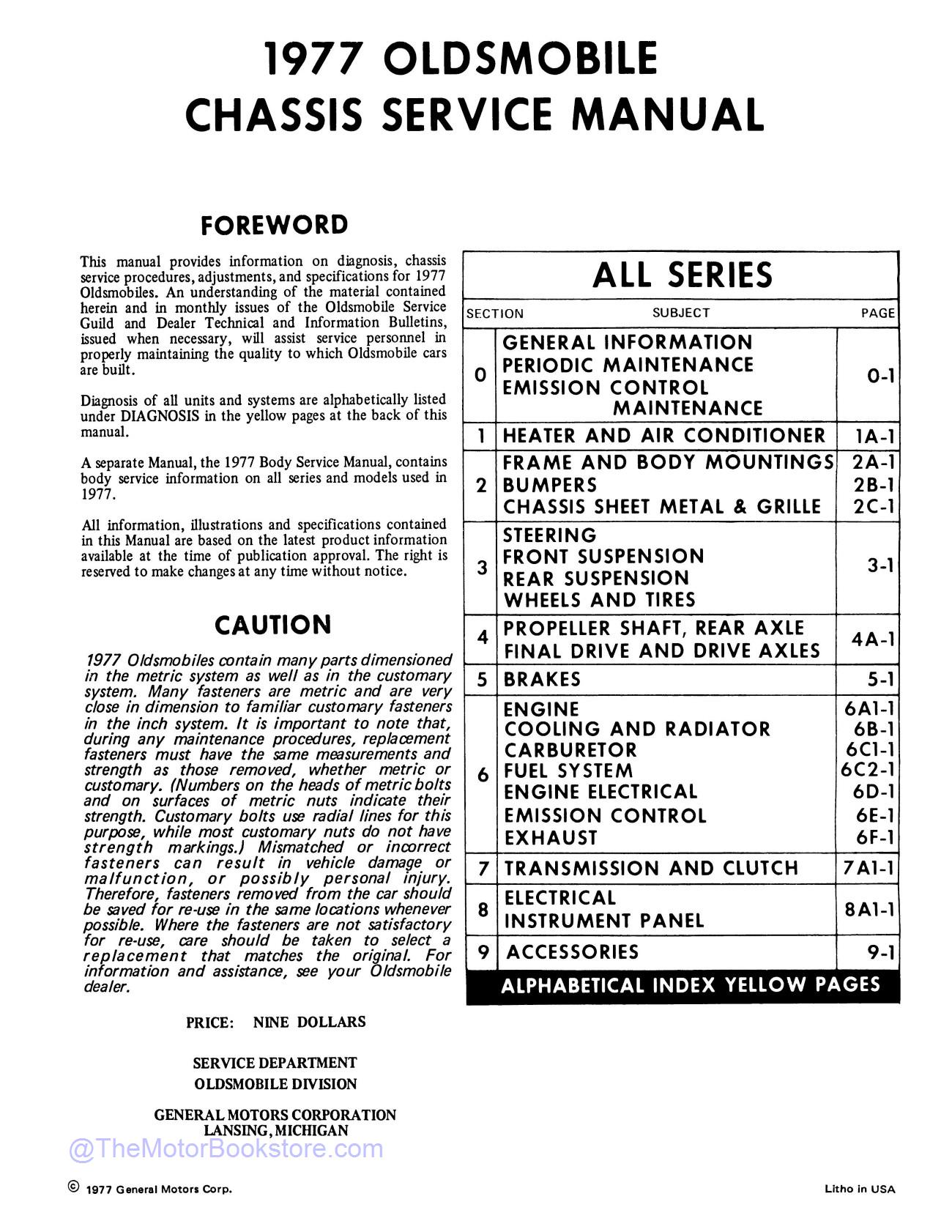 1977 Oldsmobile Service Repair Manual  - Table of Contents
