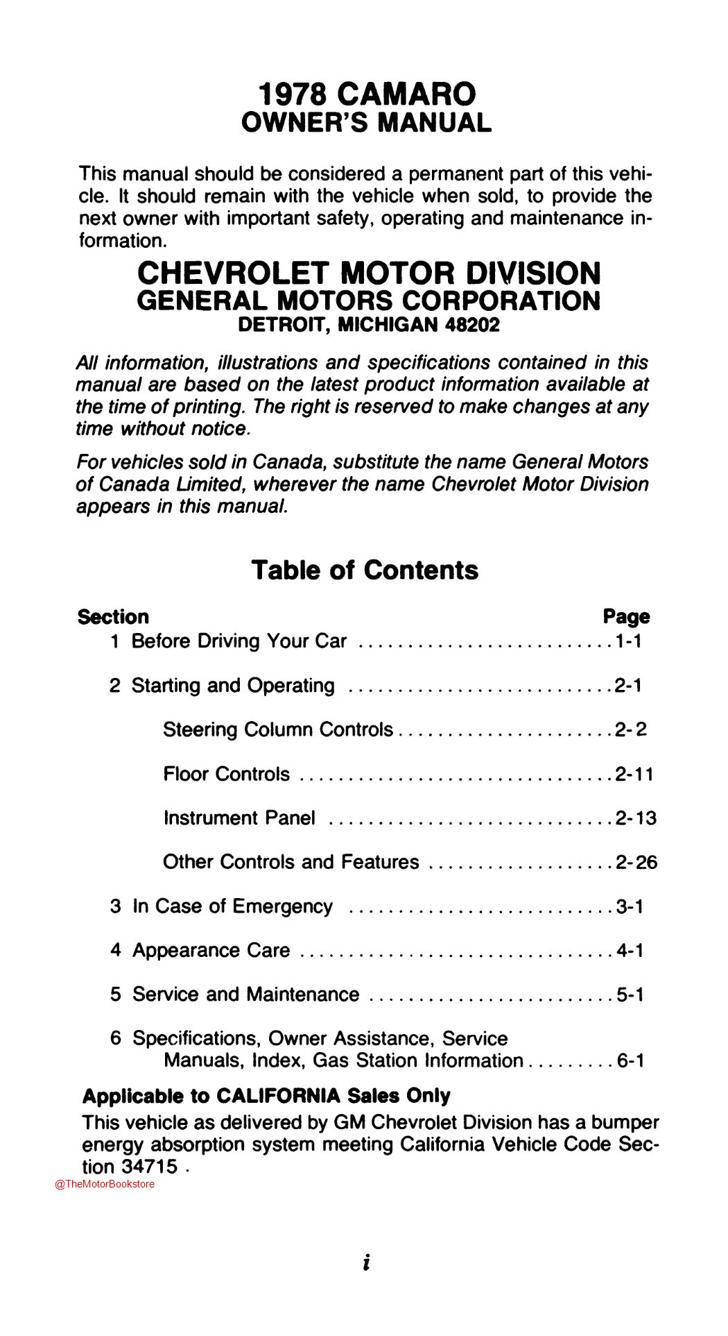 1978 Camaro Owner's Manual - Table of Contents 1978 Camaro Owner's Manual - Table of Contents