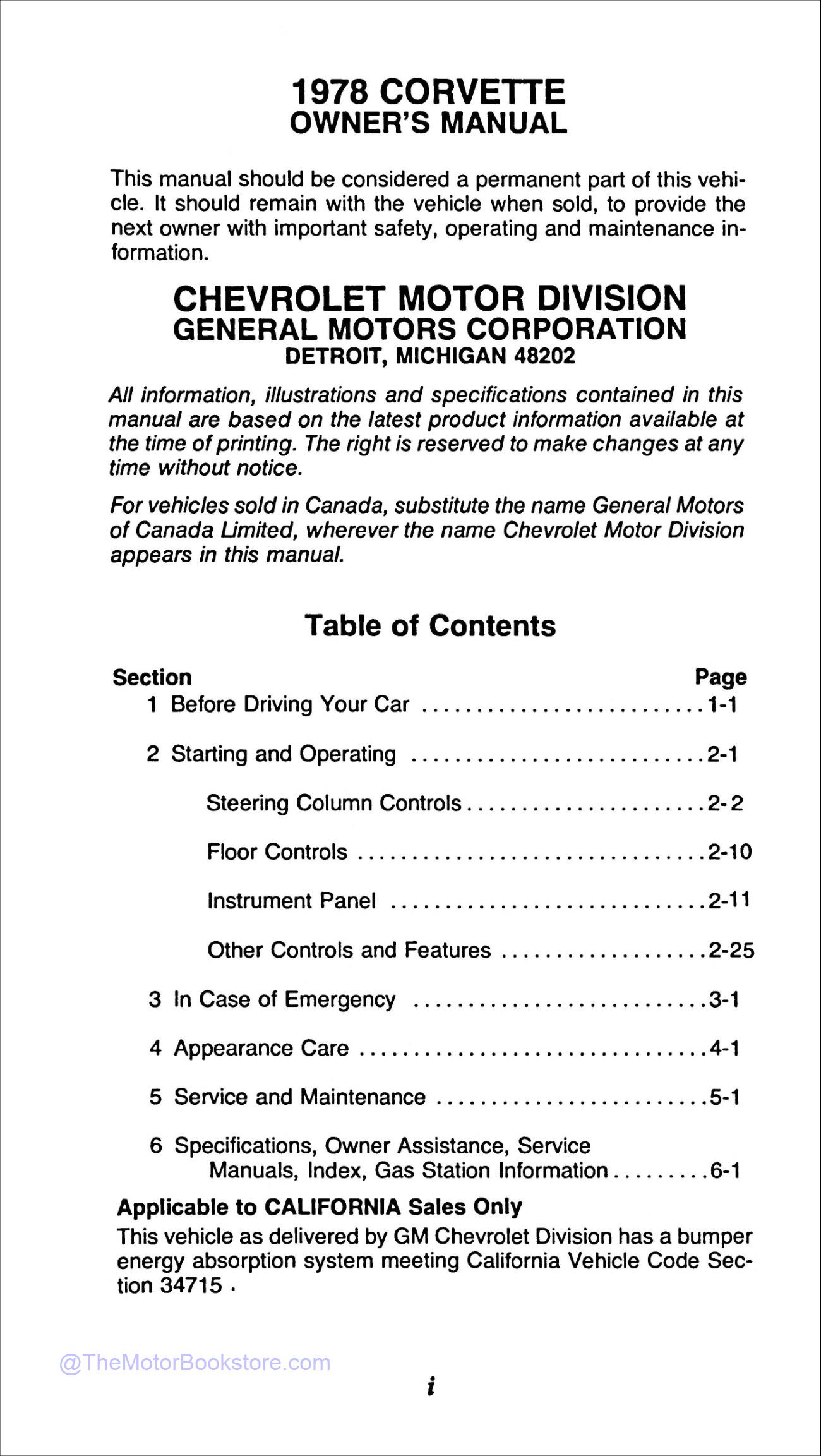 1978 Corvette Owners Manual  - Table of Contents