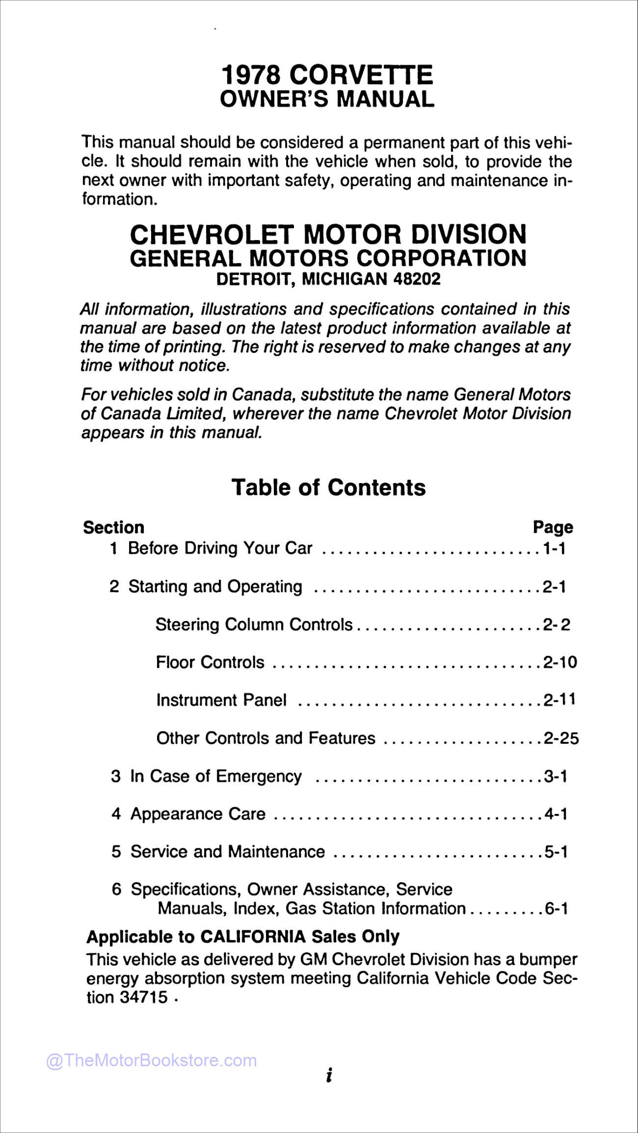 1978 Corvette Limited Edition / Pace Car Owners Manual  - Table of Contents