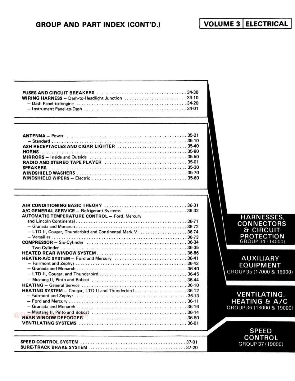 1978 Ford / Lincoln / Mercury Shop Manual - Table of Contents Volume 3 Cont.