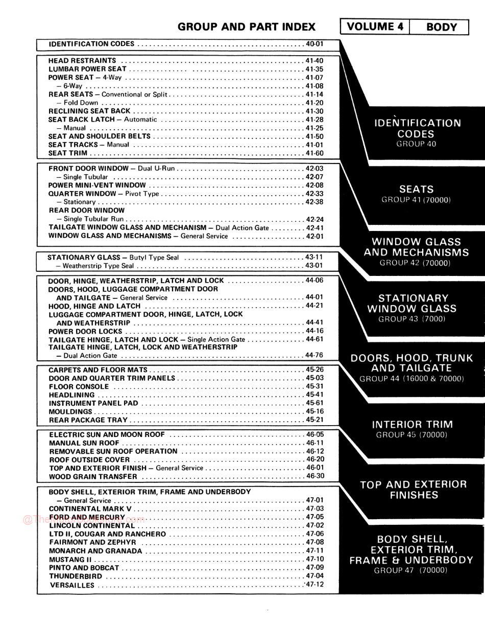 1978 Ford / Lincoln / Mercury Shop Manual - Table of Contents Volume 4