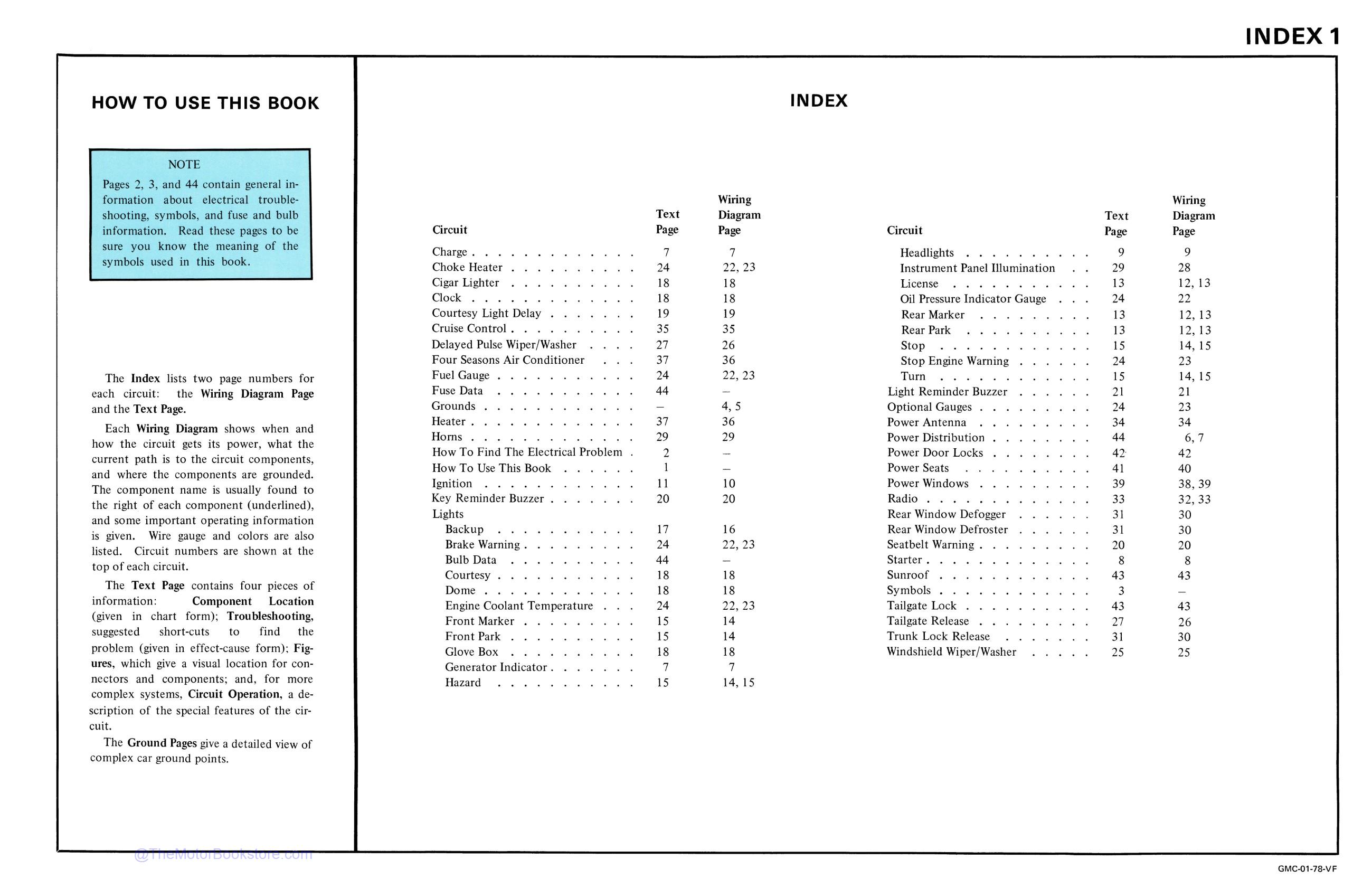 1978 Malibu, Monte Carlo, El Camino Electrical Troubleshooting Manual  - Table of Contents