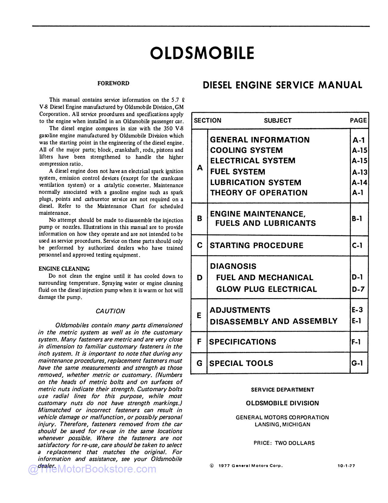 1978 Oldsmobile 5.7L Diesel Engine Service Repair Manual  - Table of Contents