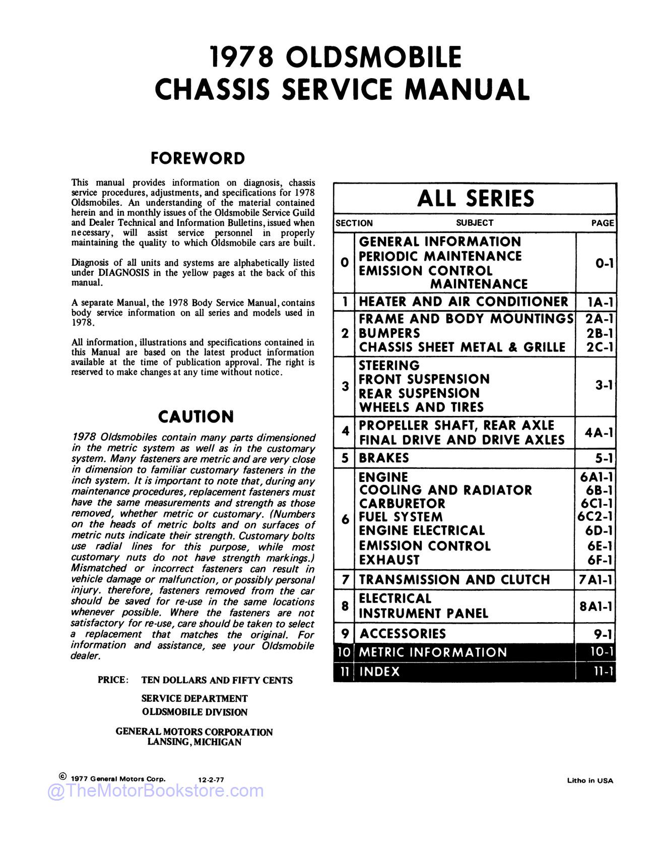 1978 Oldsmobile Service Repair Manual  - Table of Contents
