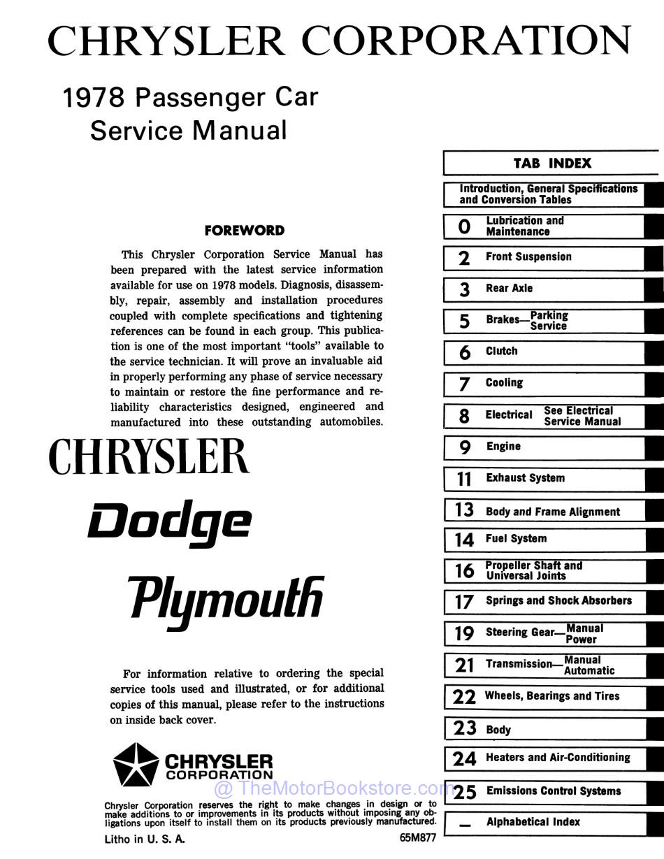 1978 Plymouth / Chrysler / Dodge Chassis, Body & Electrical Shop Manual Set  - Table of Contents 1