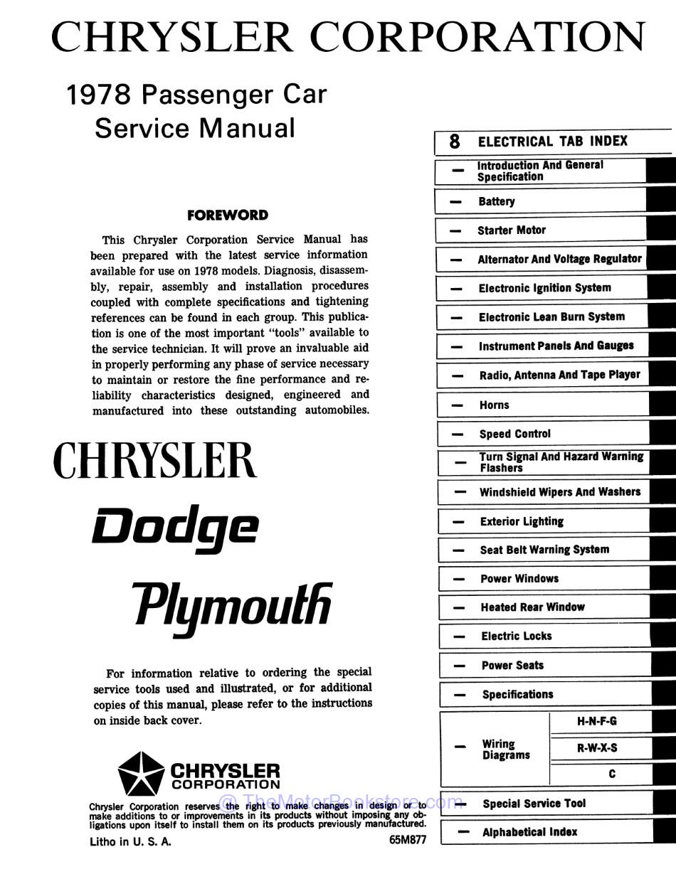 1978 Plymouth / Chrysler / Dodge Chassis, Body & Electrical Shop Manual Set  - Table of Contents 2