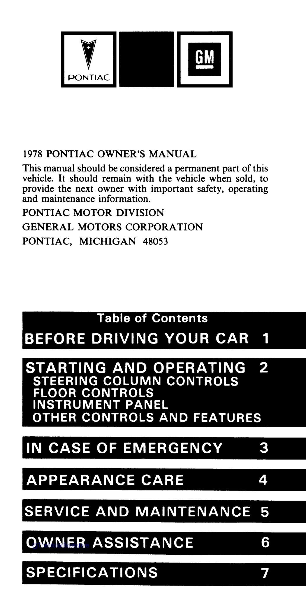 1978 Pontiac Firebird Owner's Manual  - Table of Contents