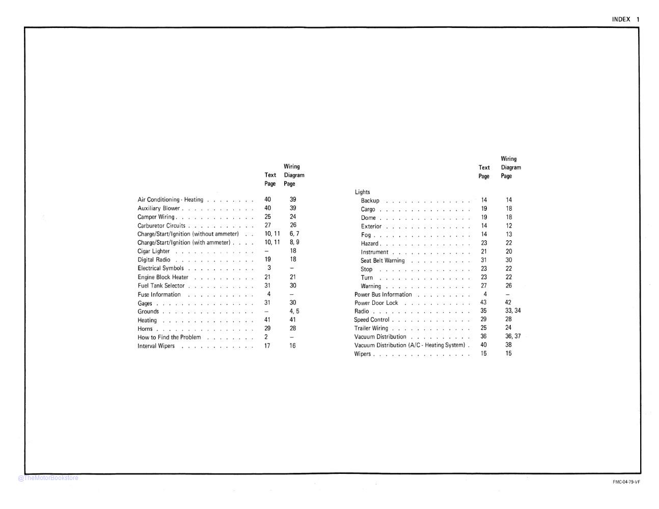 1979 Ford Econoline Van Electrical Vacuum Troubleshooting Manual  - Table of Contents