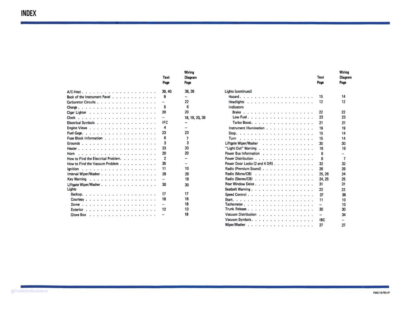 1979 Ford Mustang Capri Electrical Vacuum Troubleshooting Manual  - Table of Contents