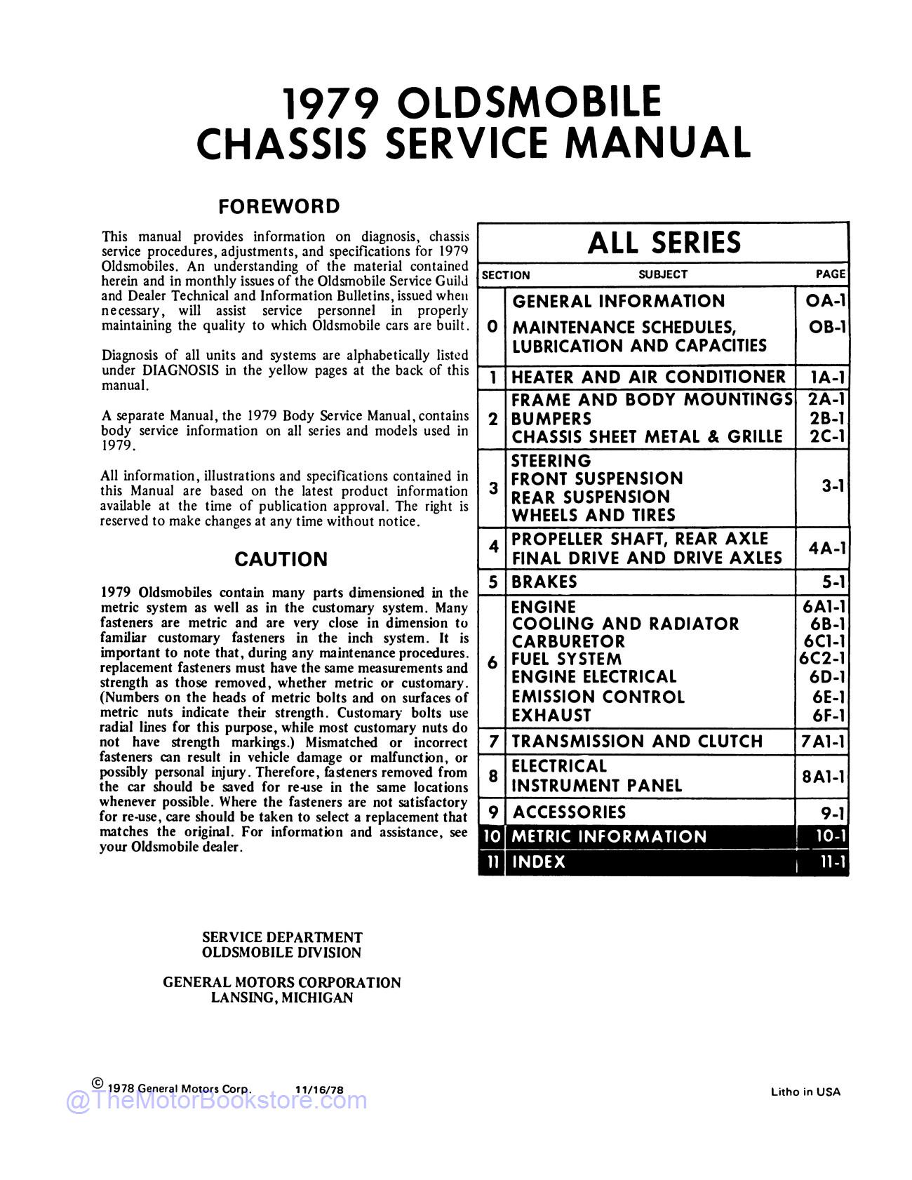 1979 Oldsmobile Service Repair Manual  - Table of Contents