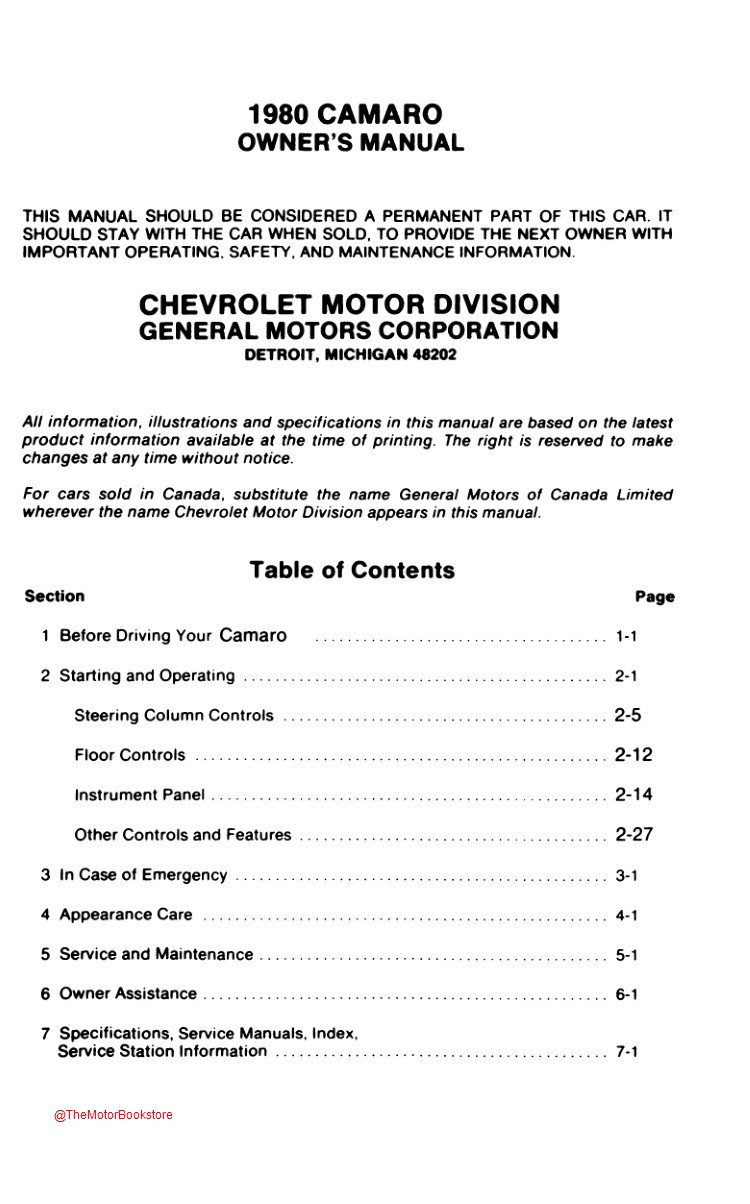 1980 Chevrolet Camaro Owner's Manual - Table of Contents