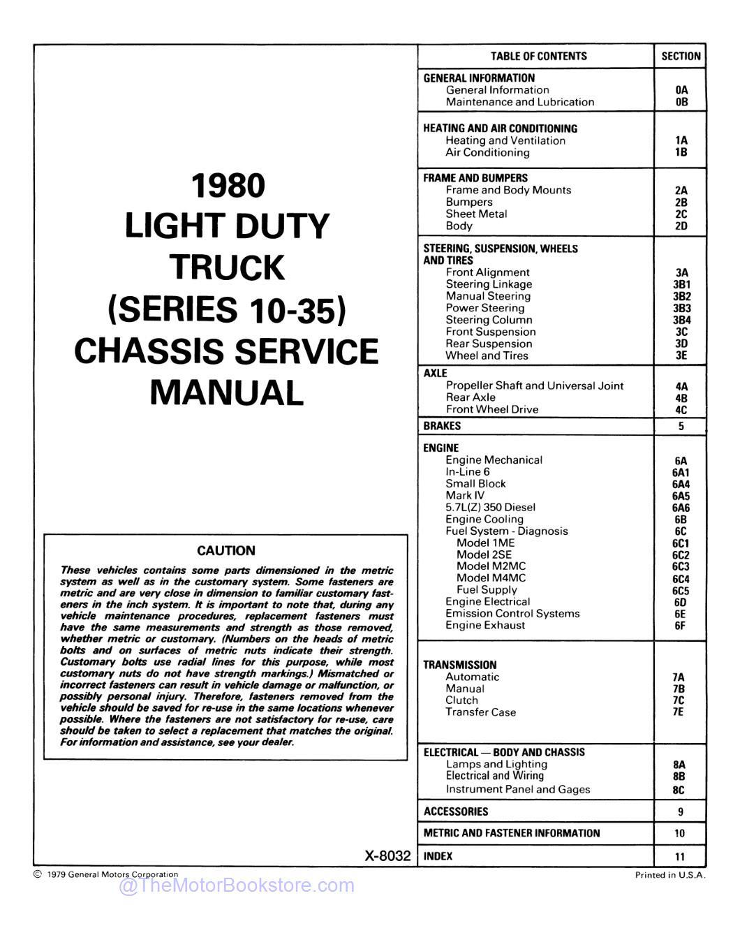 1980 GMC Light Duty Trucks Service Manual (C,K,G,P Series & Jimmy)  - Table of Contents
