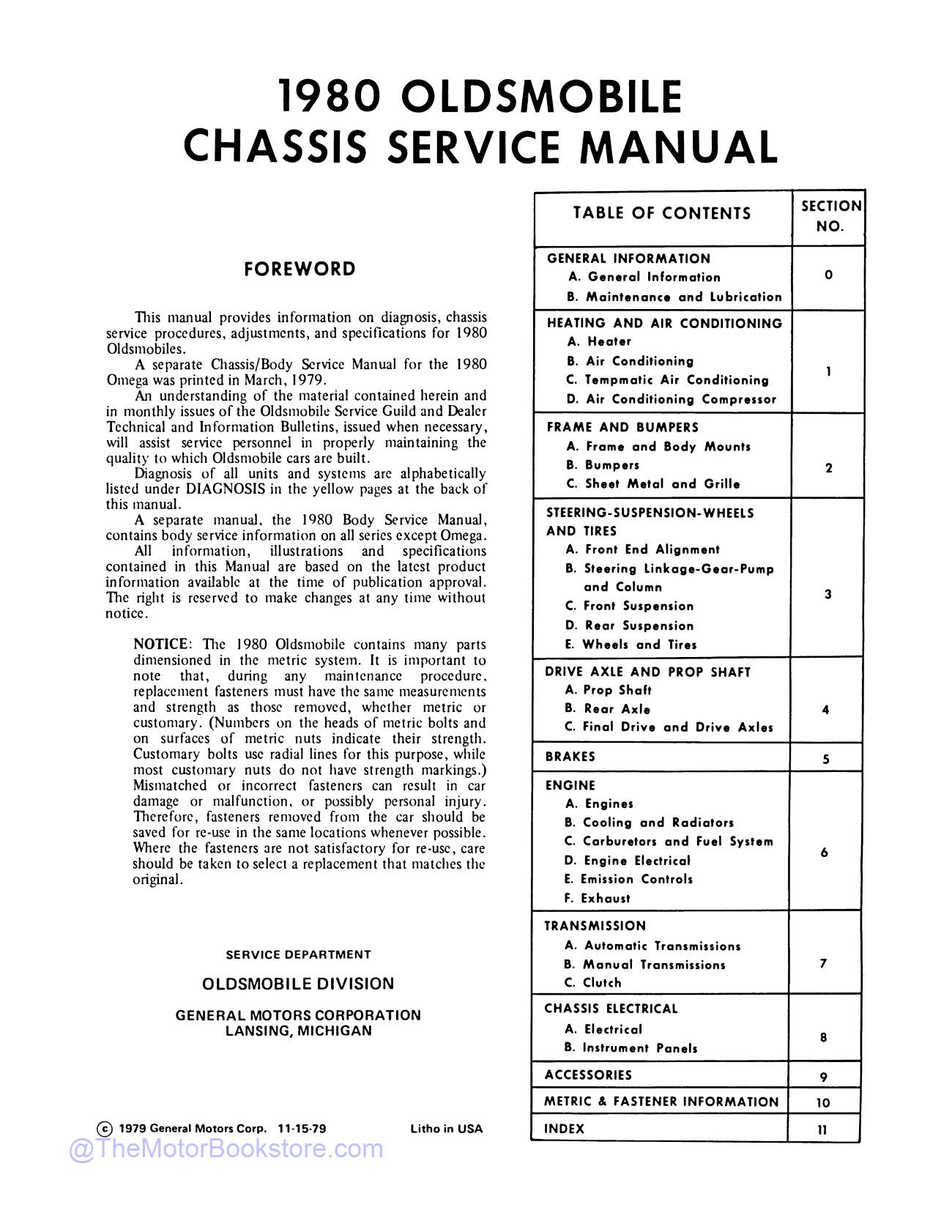 1980 Oldsmobile Service Repair Manual  - Table of Contents