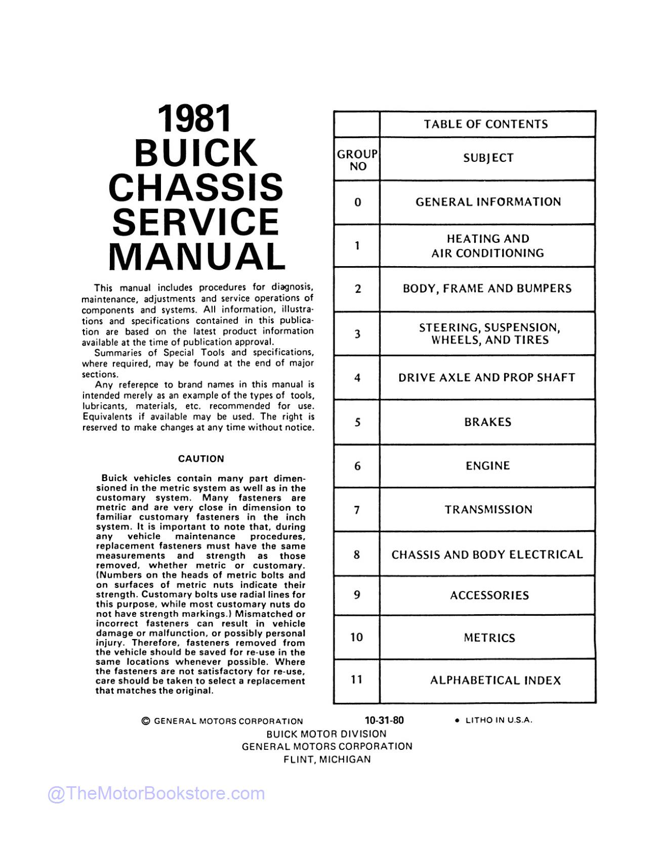 1981 Buick Chassis Service Manual  - Table of Contents