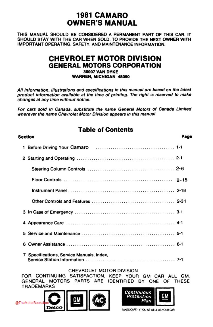 1981 Chevrolet Camaro Owner's Manual - Table of Contents