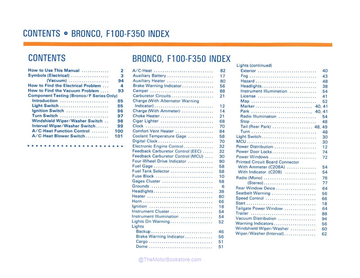 1981 Ford Truck Electrical & Vacuum Troubleshooting Manual  - Table of Contents