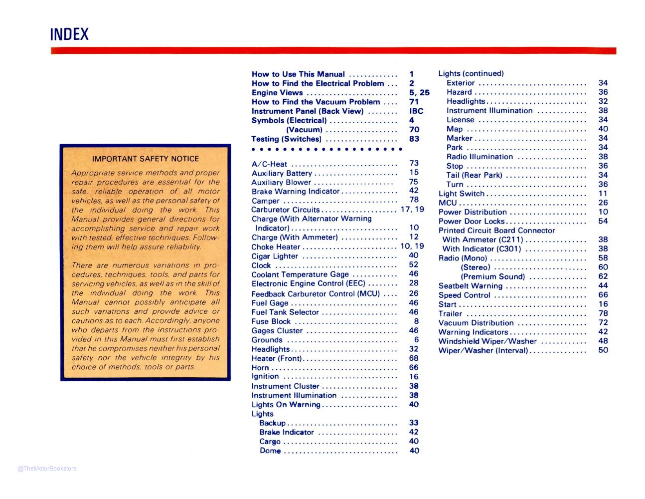 1981 Ford Econoline Van Electrical Vacuum Troubleshooting Manual  - Table of Contents