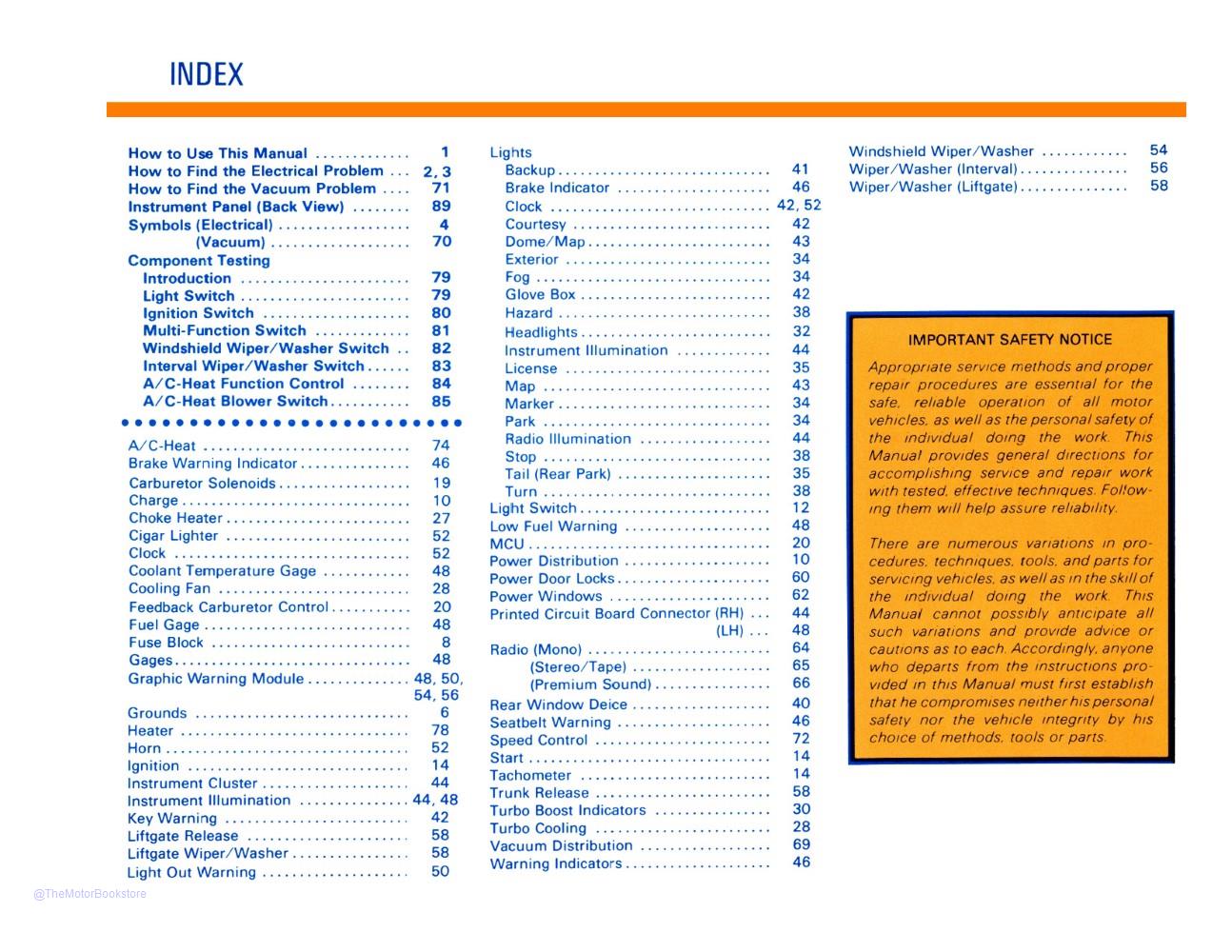 1981 Ford Mustang Capri Electrical Vacuum Troubleshooting Manual  - Table of Contents