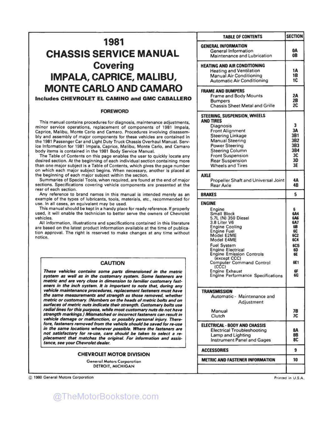 1981 GMC Caballero Service Manual  - Table of Contents