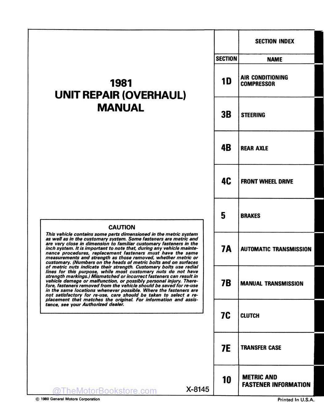 1981 GMC Light Duty Trucks Unit Repair Manual  - Table of Contents