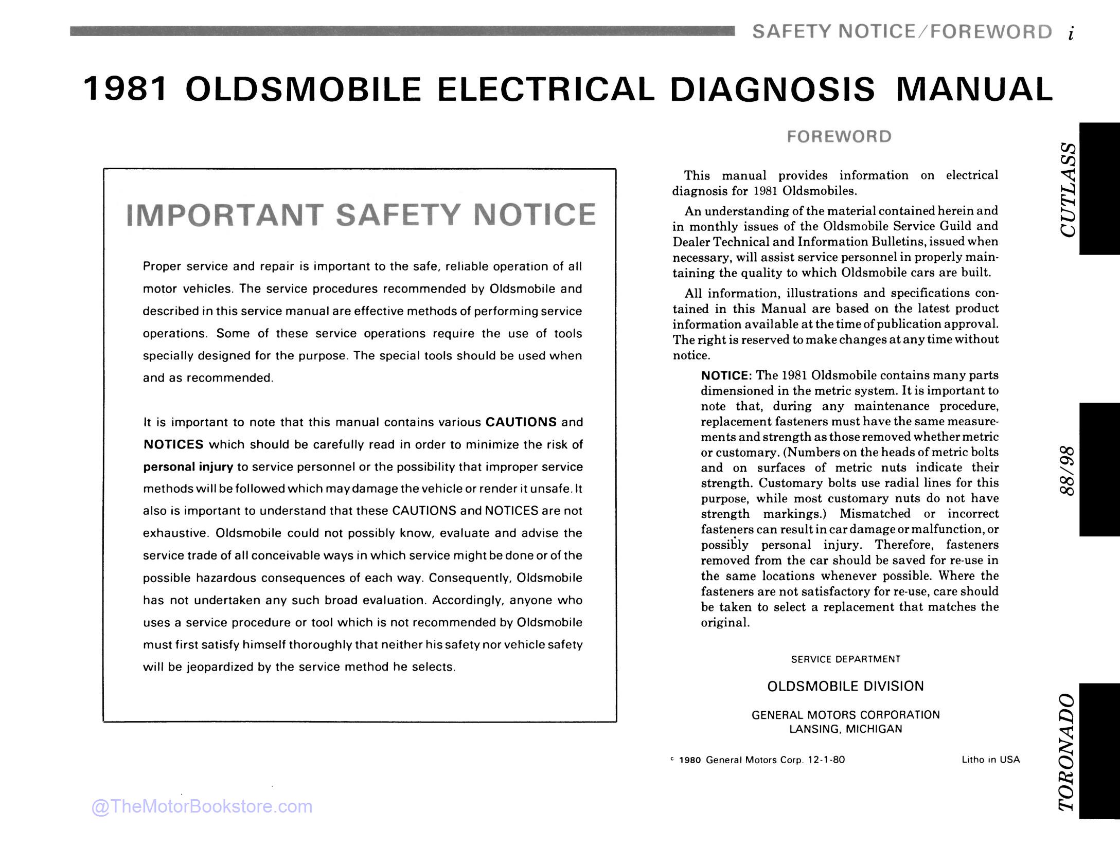 1981 Oldsmobile Electrical Troubleshooting Manual  - Table of Contents