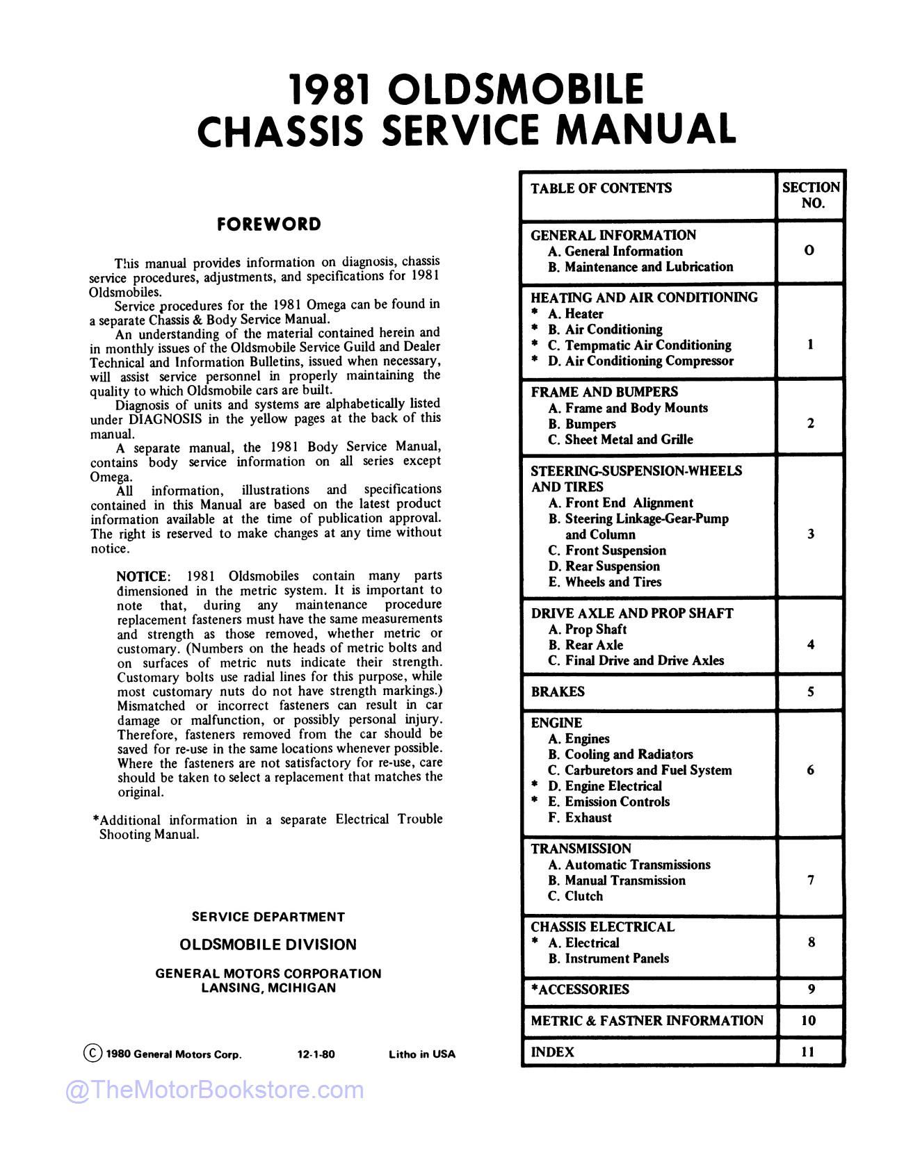 1981 Oldsmobile Service Repair Manual  - Table of Contents