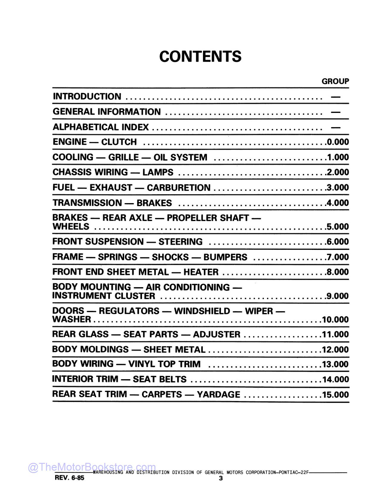 1982 - 1985 Pontiac Firebird Parts & Illustrations Catalog  - Table of Contents