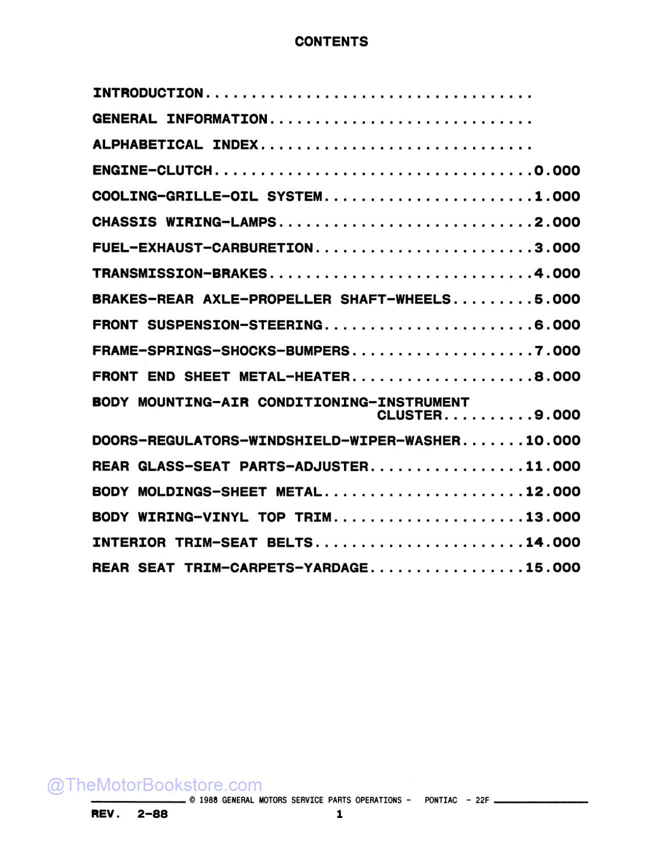 1982 - 1988 Pontiac Firebird Parts & Illustrations Catalog  - Table of Contents