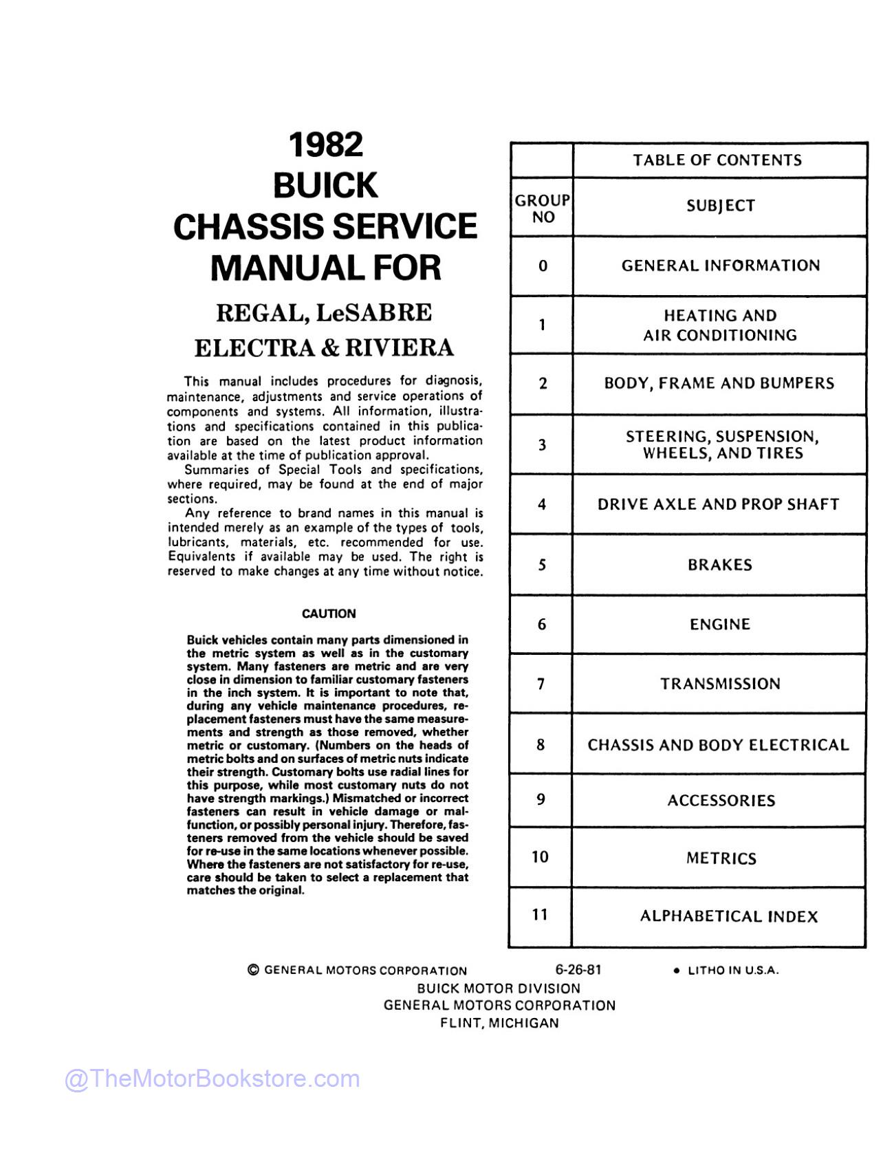 1982 Buick Chassis Service Manual - Regal, Grand National  - Table of Contents