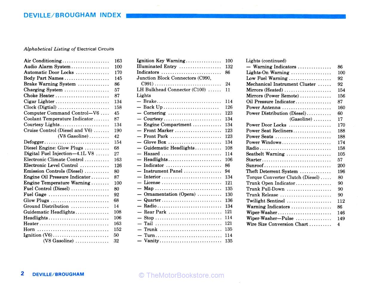 1982 Cadillac Electrical Troubleshooting Manual - OEM  - Table of Contents 1