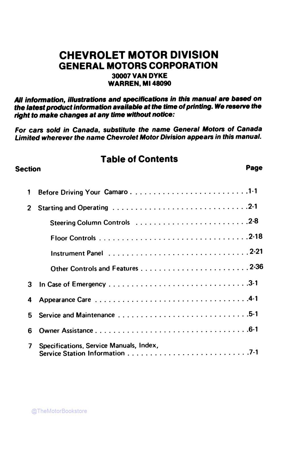 1982 Camaro Owner's Manual - Table of Contents 1982 Camaro Owner's Manual - Table of Contents