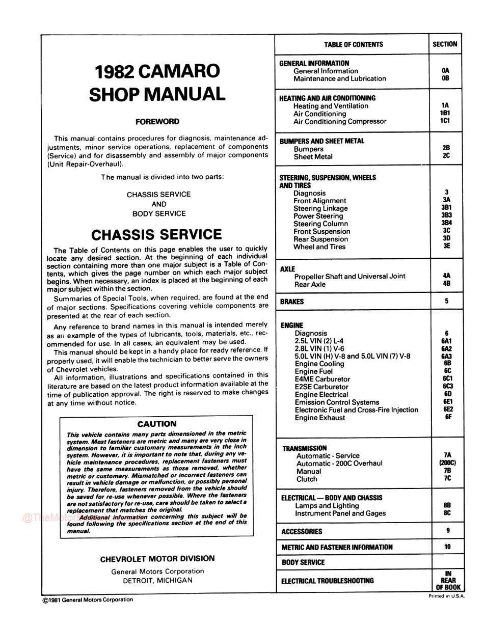 1982 Chevrolet Camaro Shop Manual - Table of Contents Chassis