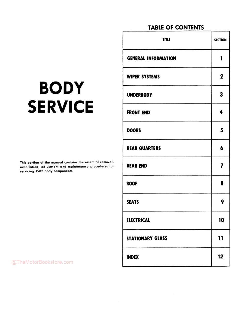 1982 Chevrolet Camaro Shop Manual - Table of Contents Body