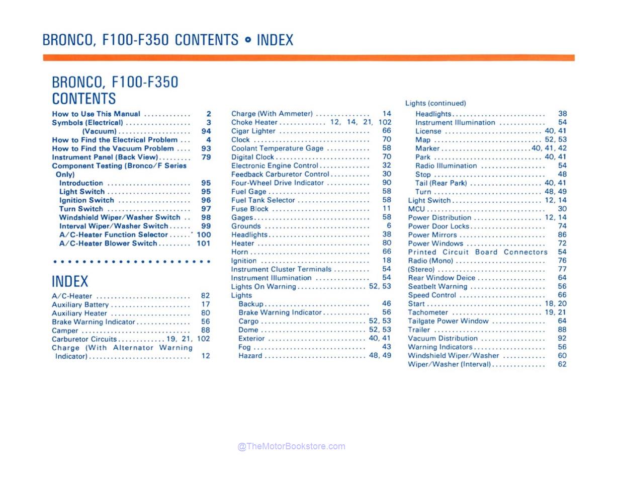 1982 Ford Truck Electrical & Vacuum Troubleshooting Manual  - Table of Contents