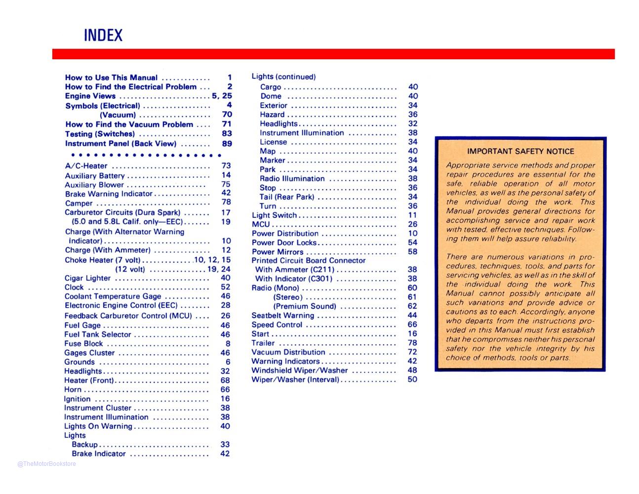 1982 Ford Econoline Van Electrical Vacuum Troubleshooting Manual  - Table of Contents