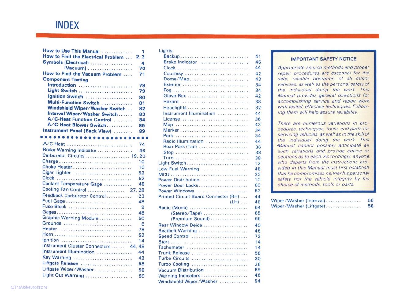 1982 Ford Mustang Capri Electrical Vacuum Troubleshooting Manual  - Table of Contents