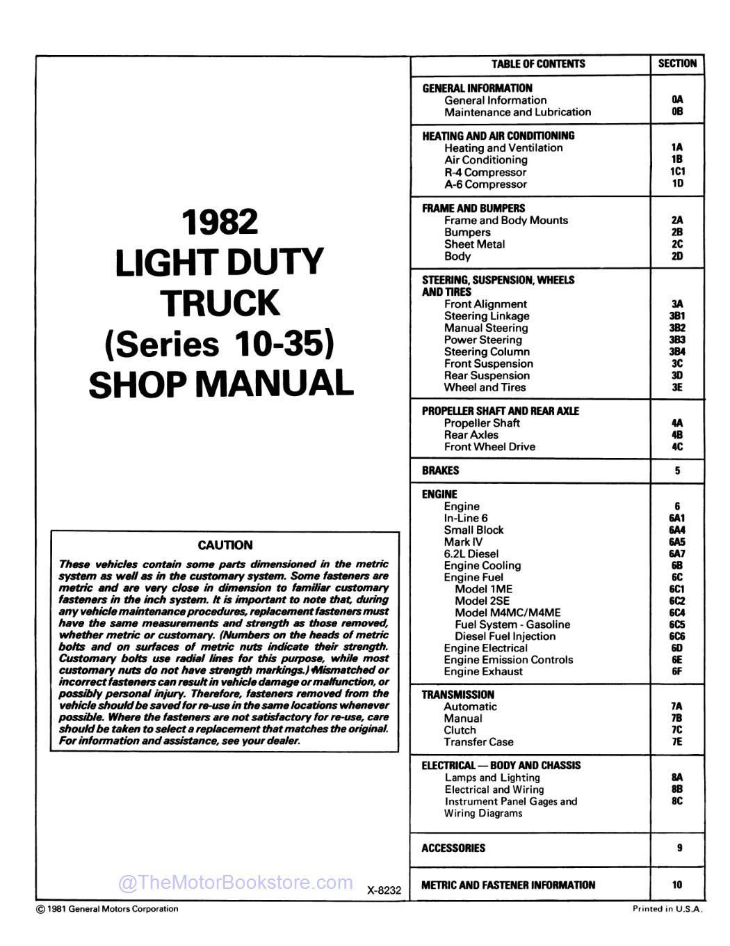 1982 GMC 1500-3500 Trucks Service Manual (C,K,G,P Series & Jimmy)  - Table of Contents