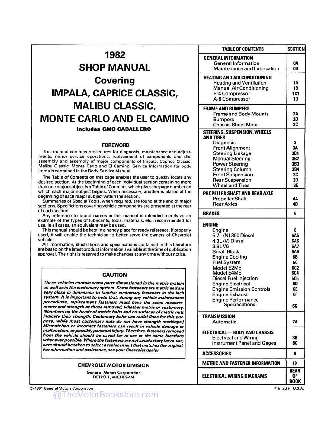 1982 GMC Caballero Service Manual  - Table of Contents
