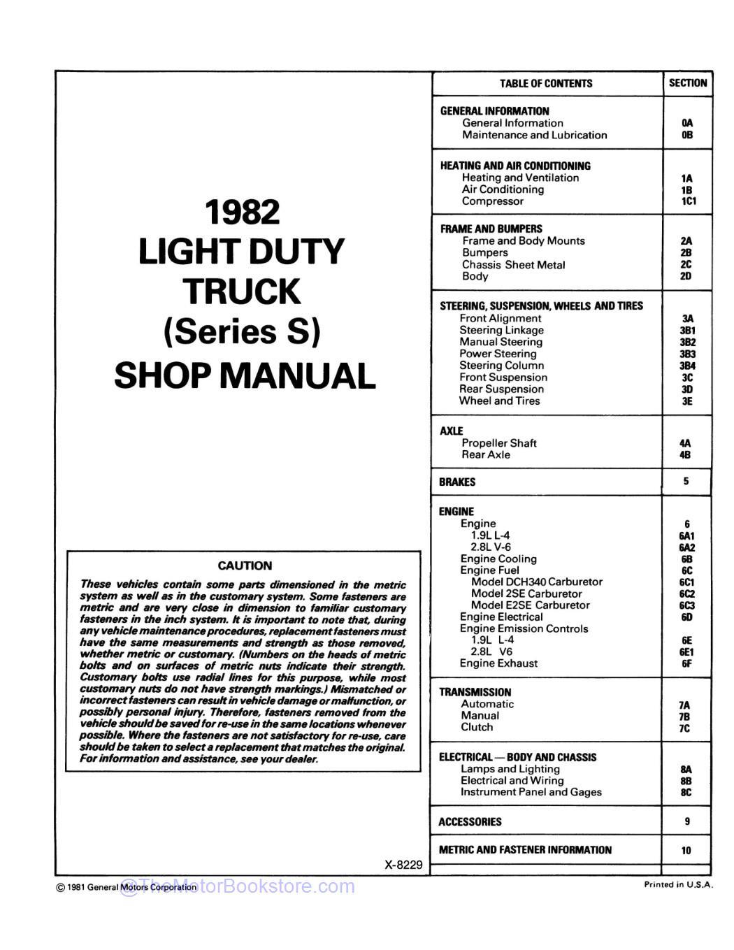 1982 GMC S-15 Truck Service Manual  - Table of Contents
