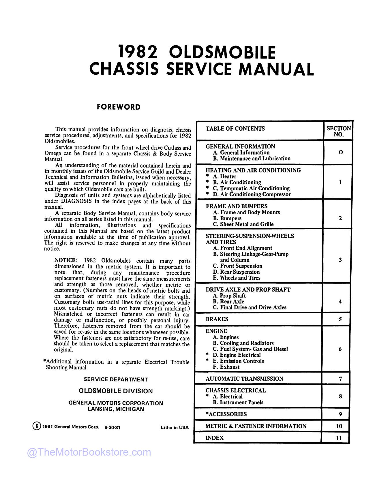 1982 Oldsmobile Service Repair Manual  - Table of Contents