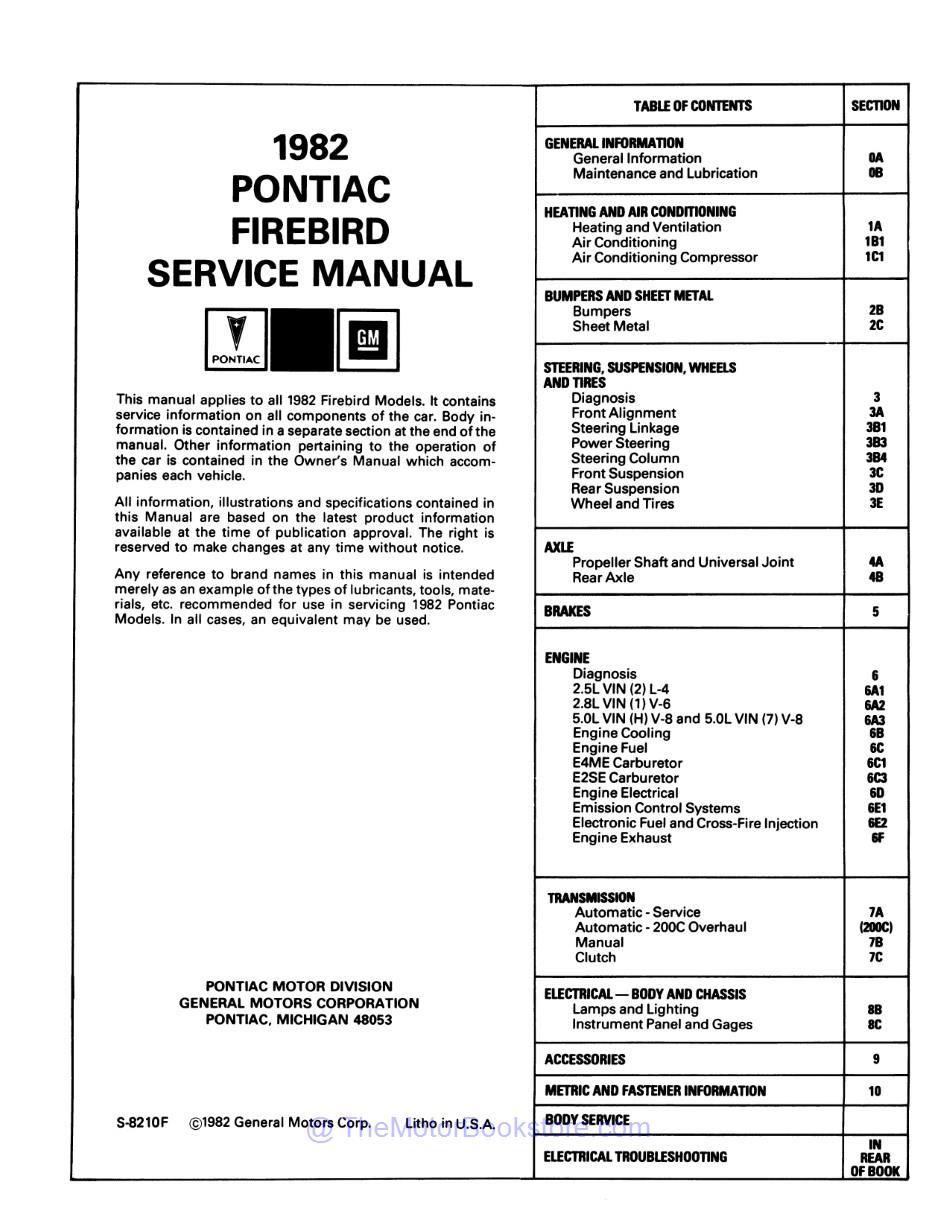 1982 Pontiac Firebird Chassis & Body Service Manual  - Table of Contents 1