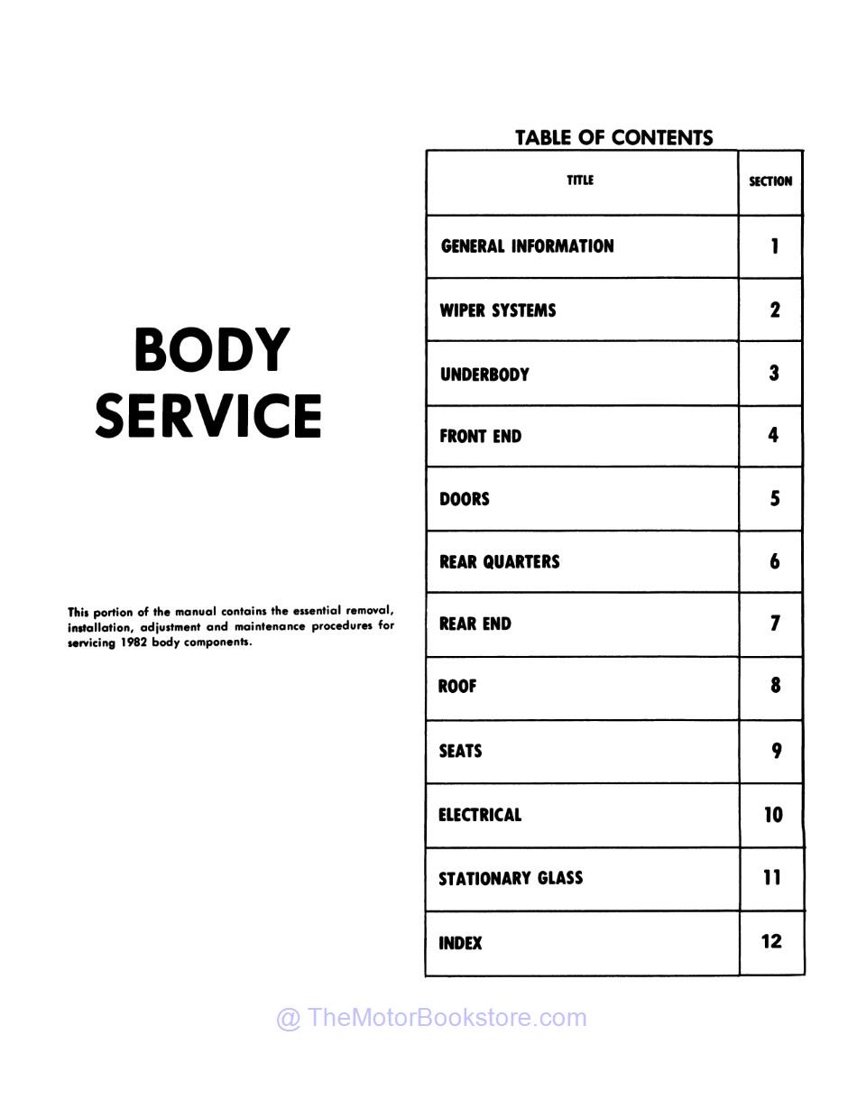 1982 Pontiac Firebird Chassis & Body Service Manual  - Table of Contents 2