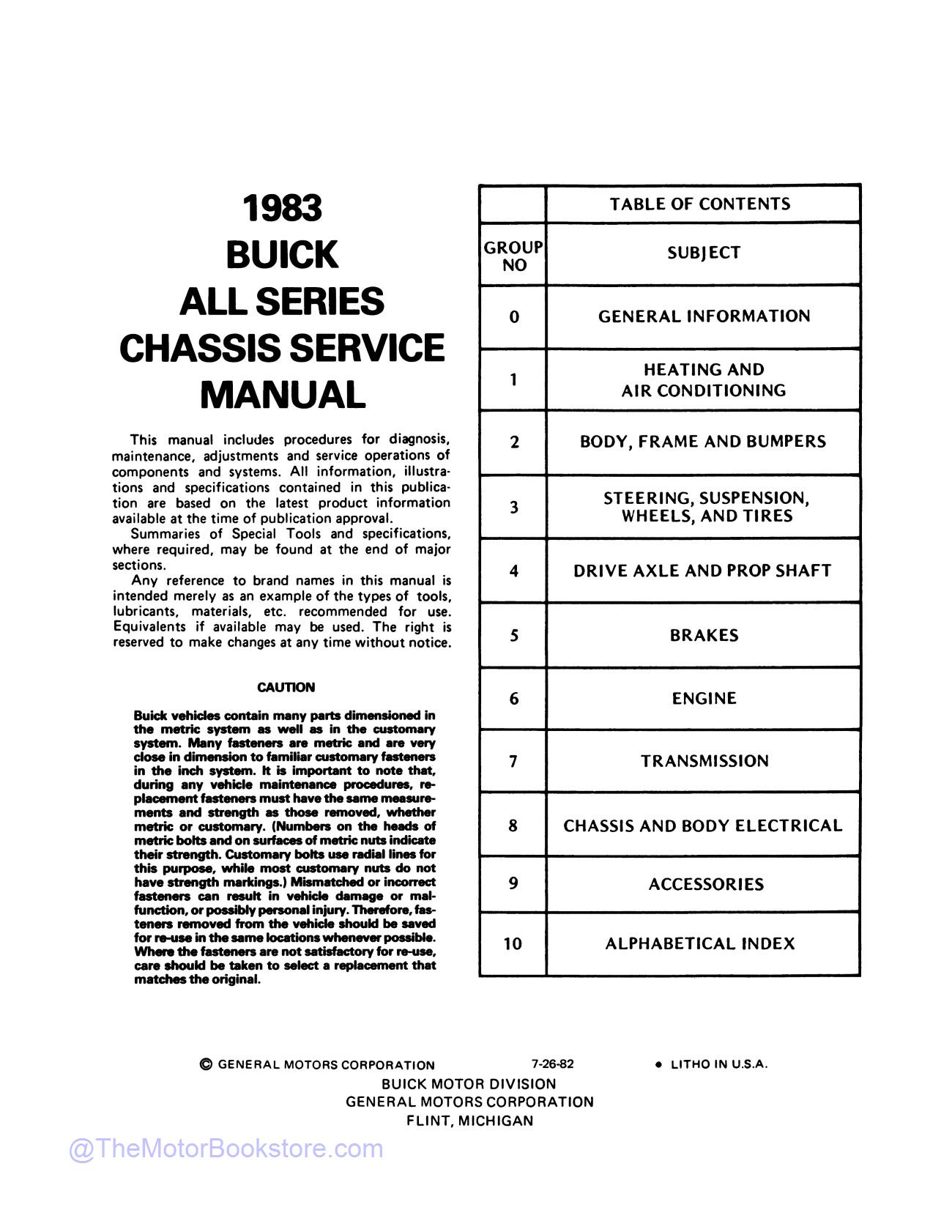 1983 Buick Service Manual All Models  - Table of Contents