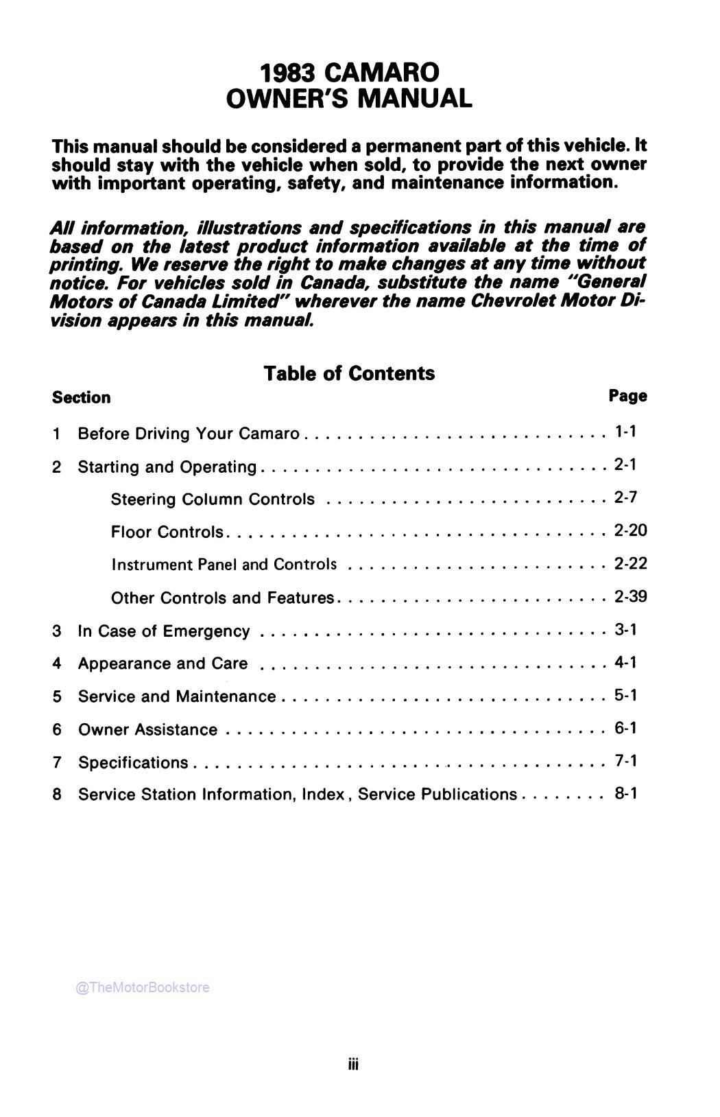 1983 Camaro Owner's Manual  - Table of Contents