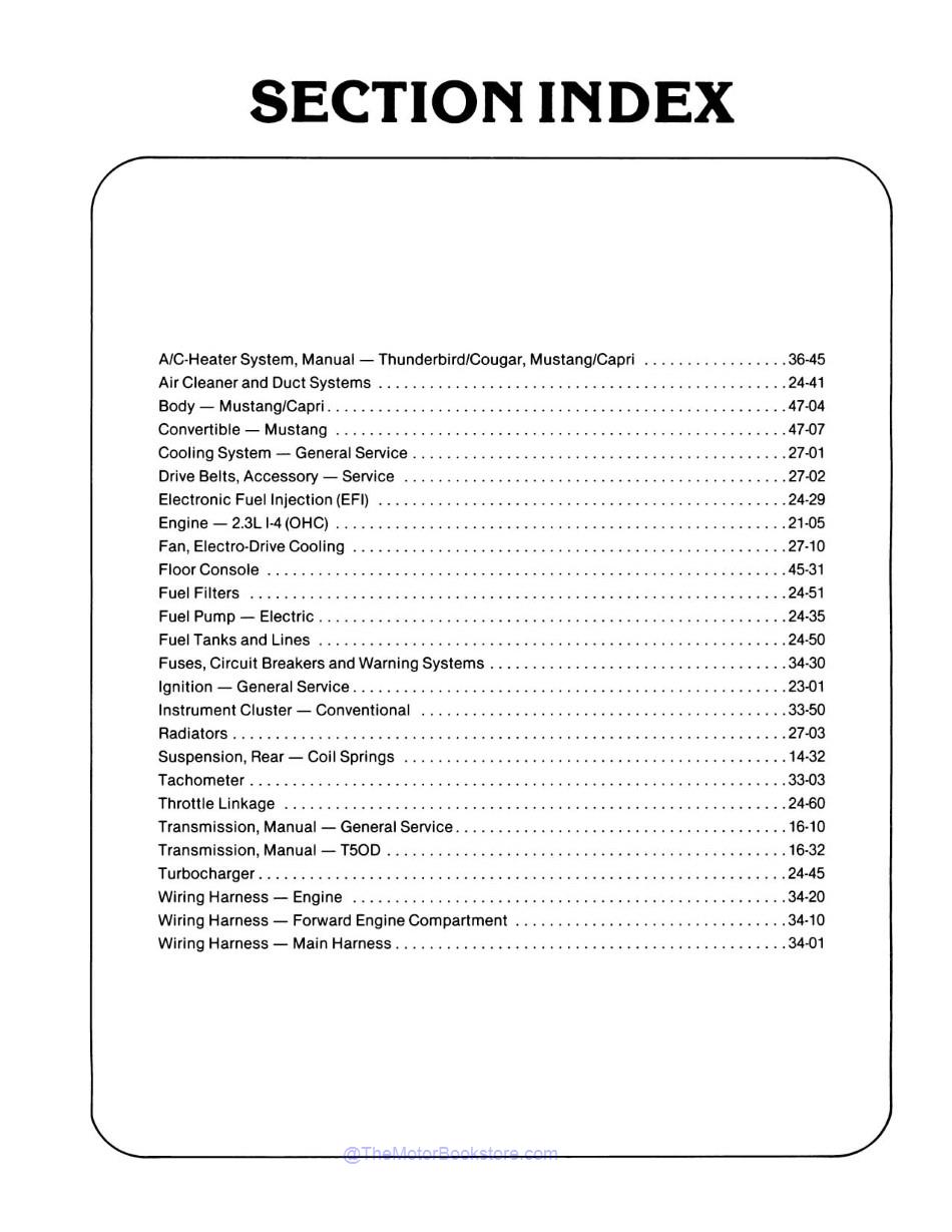 1983 Ford Mustang T-Bird Capri Cougar Shop Manual Supplement  - Table of Contents