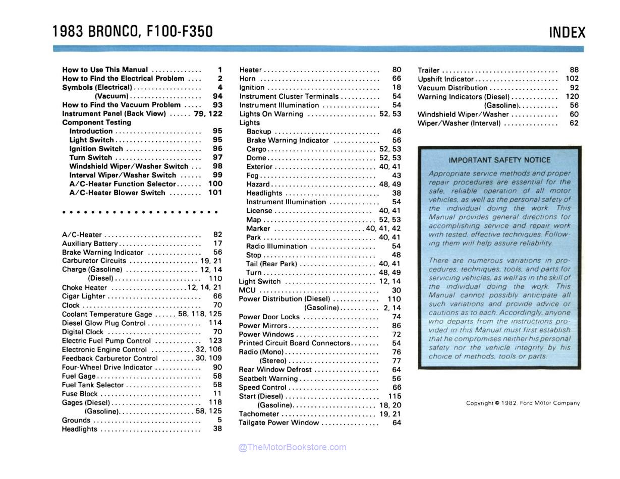 1983 Ford Truck Electrical & Vacuum Troubleshooting Manual  - Table of Contents