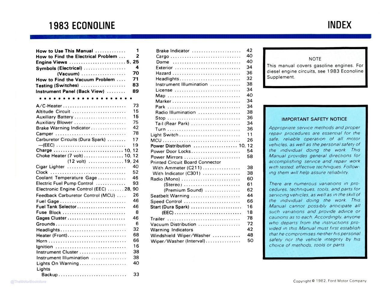 1983 Ford Econoline Van Electrical Vacuum Troubleshooting Manual  - Table of Contents