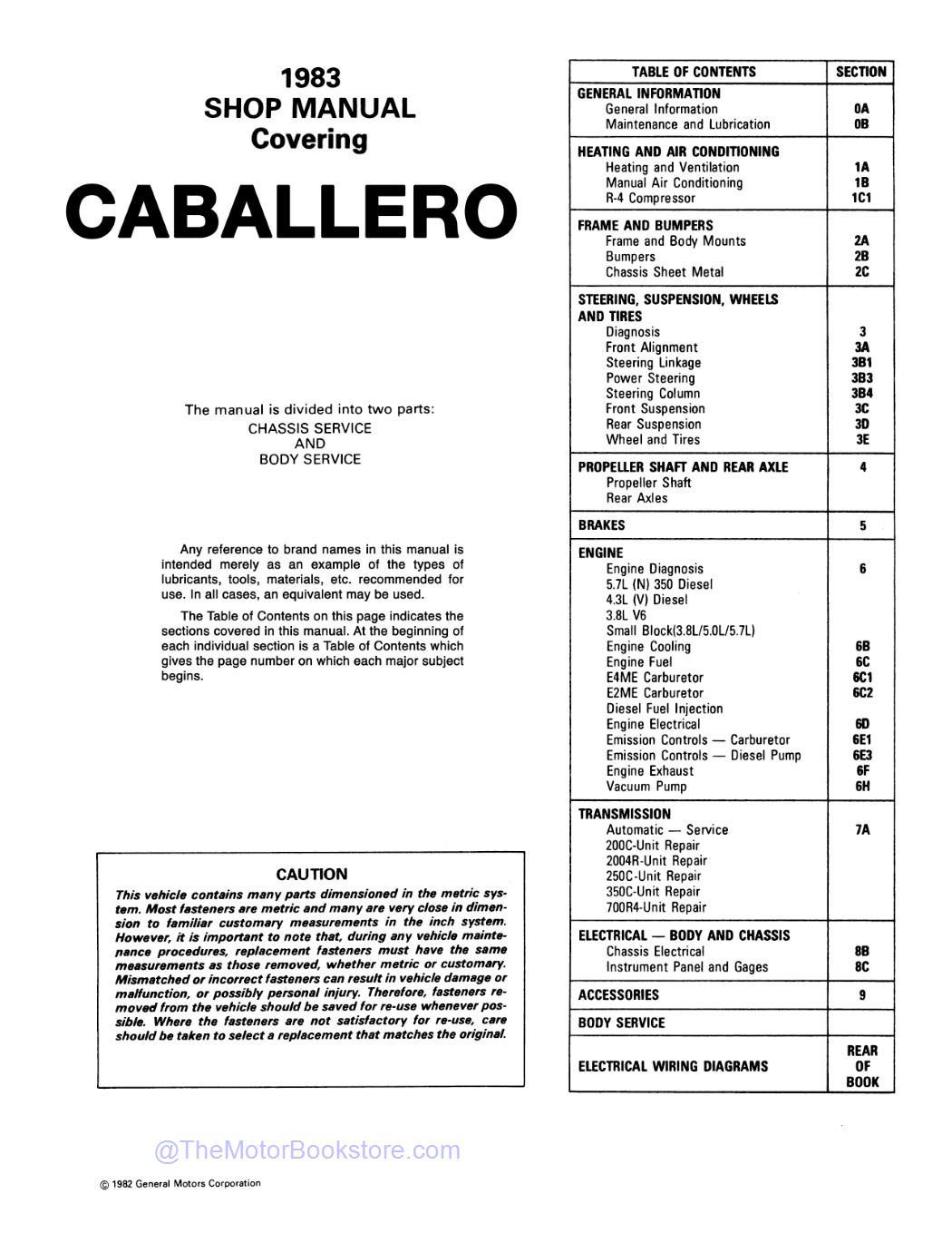 1983 GMC Caballero Service Manual  - Table of Contents